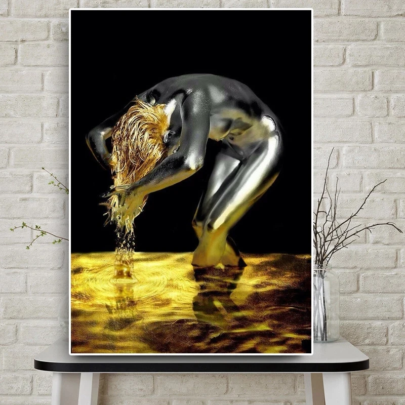 

Golden Liquid Black Nude Woman Canvas Painting Wash Hair Cuadros Posters and Prints Scandinavian Wall Pictures for Living Room