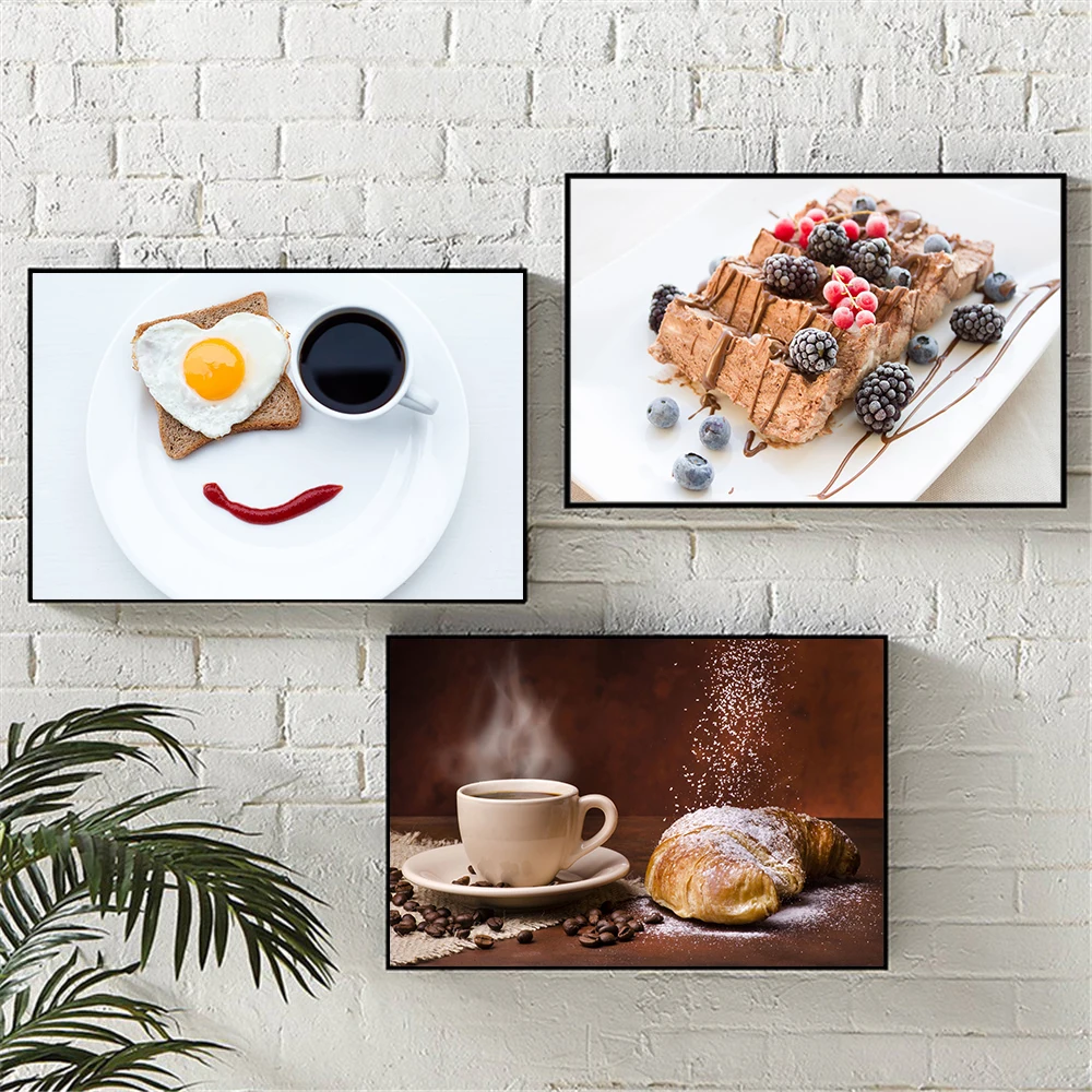 Breakfast Food Canvas Painting Coffee Bread Wheat and Heart-Shaped Egg Poster Print for Dining Room Kitchen Wall Decoration