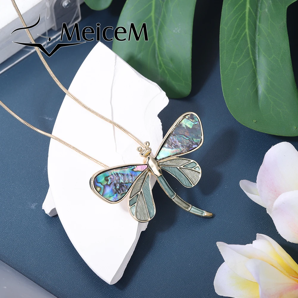 

Meicem Women Insect Dragonfly Pendant Necklace Natural Abalone Shell 2022 New Unique Design Mother's Day Gift Women's Necklaces