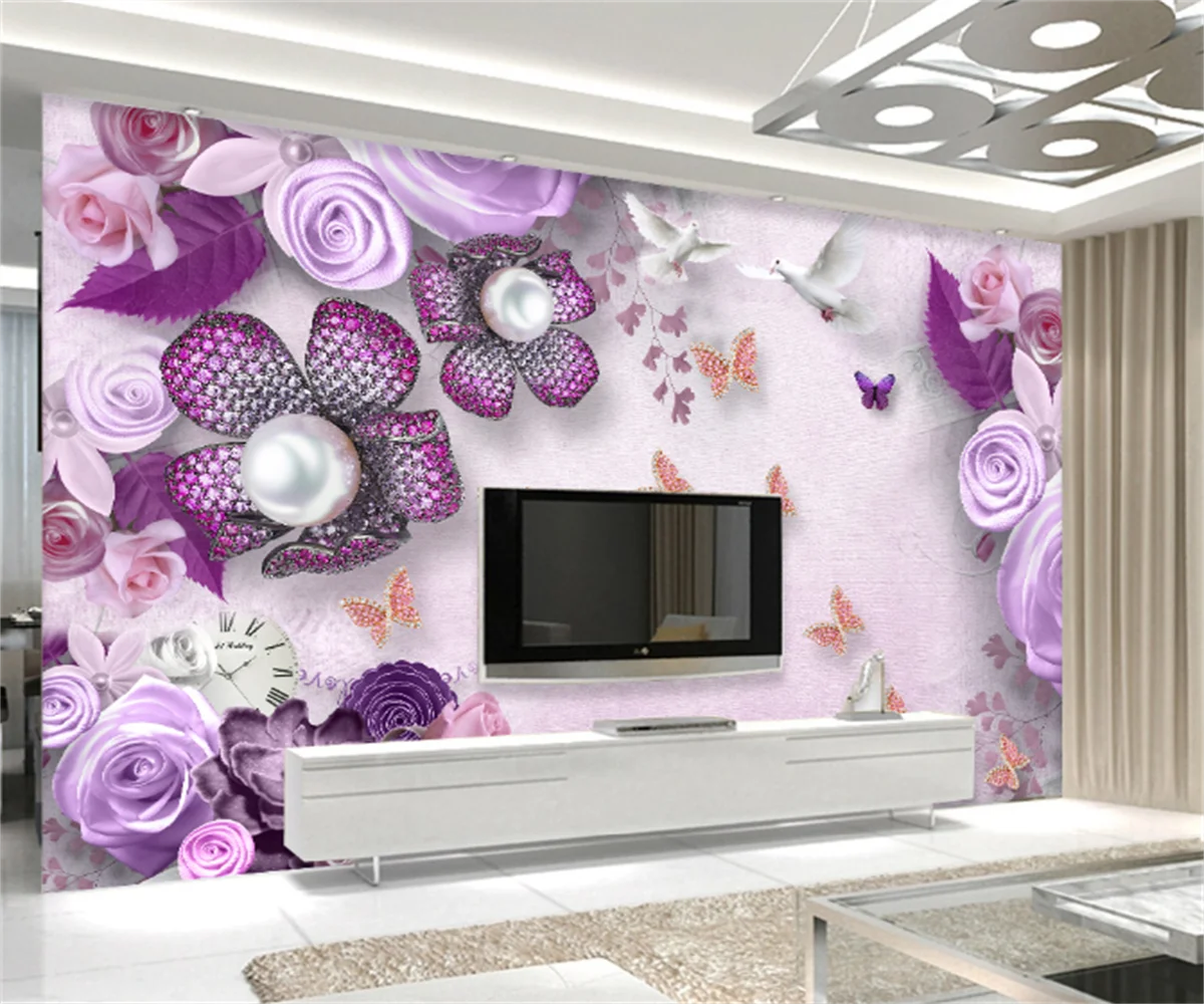 

European and American purple elegant dreamy flowers and flowers jewelry background wall painting custom 3D any size wallpaper