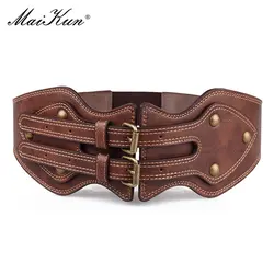 Maikun Gürtel Crazy Horse Leder Doppel Pin Schnalle Frauen Elastischen Breiten Gürtel Alle-spiel frauen Mantel Gürtel