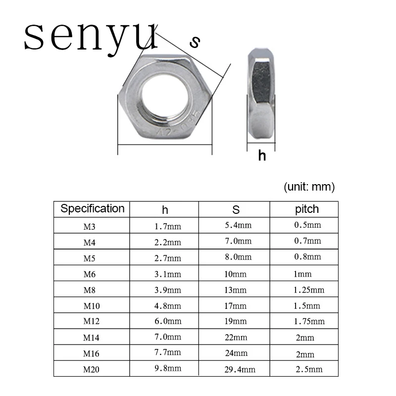 1-50pcs Thin Hex Nuts 304 Stainless Steel M3 M4 M5 M6 M8 M10 M12 M14 M16 M18 M20 thin nuts DIN439