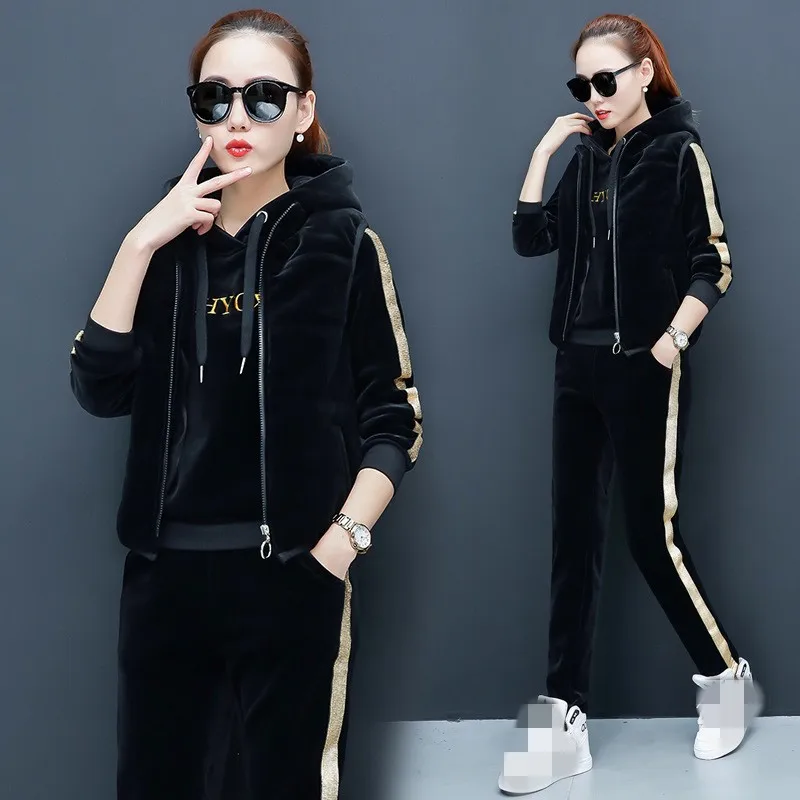 Woman Gold Velvet Casual Sportswear Suits Hooded Pullover Vest Thickening Warm Female Three Piece Sets Outdoor Fitness Winter