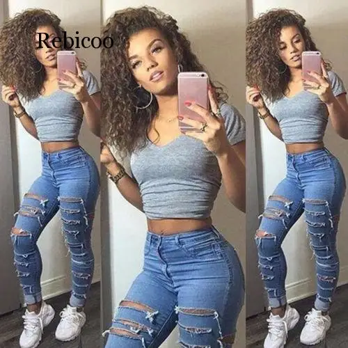 Fashion Women Hole High Waist Denim Jeans Ladies Ripped Pants Women Slimming Skinny Jeans Stretch Pencil Pants Women Clothes