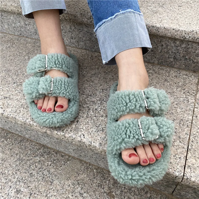 2022 Women Fur  Slippers Summer Plush Slides Women\'s Fluffy Indoor Shoes Household Slippers Flip-flops Wholesale Direct Sales