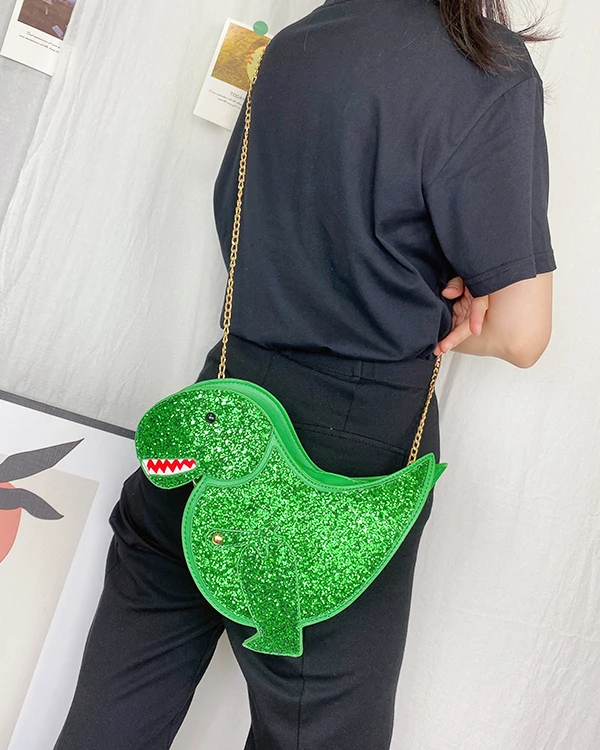 Trendy Glittery Dinosaurus Crossbody Tas Voor Vrouwen Keten Portemonnees En Handtassen Vrouwelijke Schoudertas Toevallige Clutch Bag Pu Leer