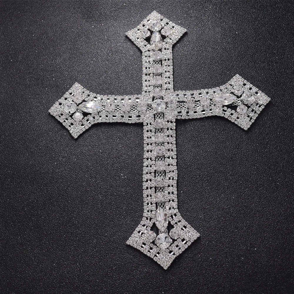 1piece big size silver sewing cross-shape appliques with crystal rhinestone sewing DIY garment clothings patches accessories