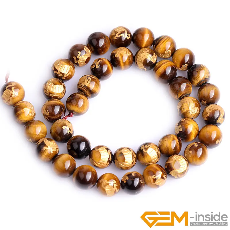 Natural Tiger Eye Carved Dragon Turtle Tiger Phoenix Round Accessorries Loose Spacer Beads For Jewelry Making Strand 15 Inch