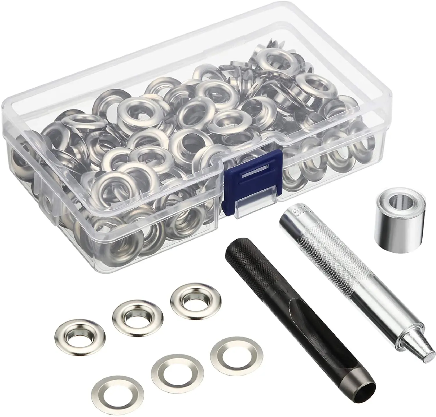Kit de herramientas de ojal, 100 juegos de ojales de 6mm, 10mm, 12mm, 14mm de diámetro interior, Plata para ropa, zapatos, bolsa, artesanías de cuero, bricolaje