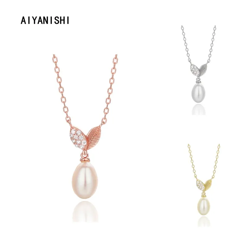 AIYANISHI 925 Sterling Silver Shell Pearl Leaves Pendant Necklace Engagement Natural Pearl Pendant Necklace Romantic Jewellery