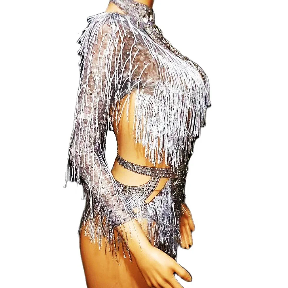 Shining Silver Tassel Women Rhinestone Bodysuits Tight Stretch Glitter Leotard Birthday Party Club Night Out DJ DS Gogo Wear