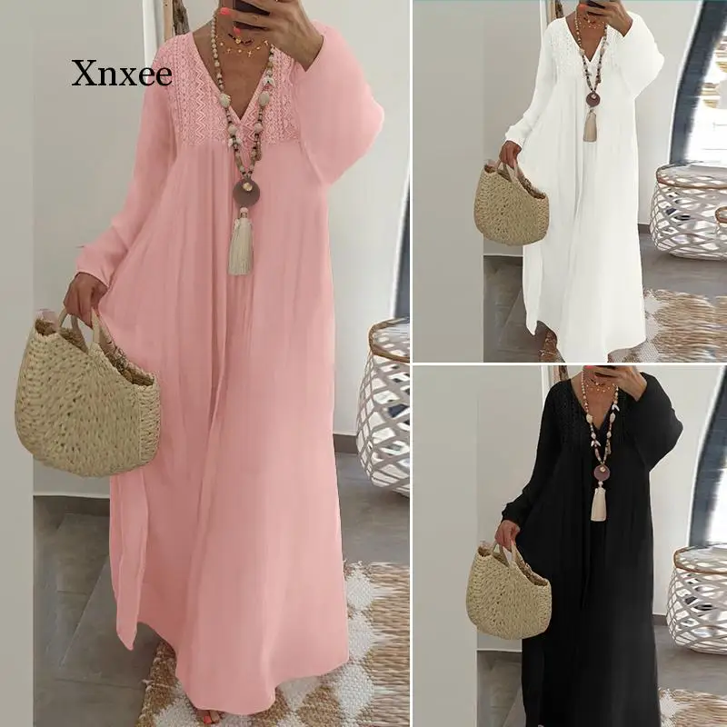 

pink Bohemian Women Long Dress Maxi Dress Summer Casual Loose Ruffles Party Vestidos Sexy V Neck Lantern Sleeve Lace