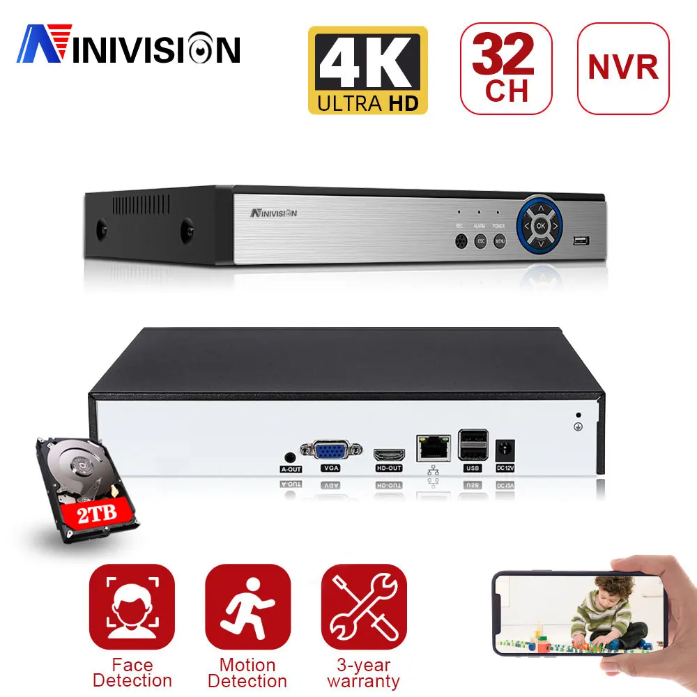 

NINIVISION Face/Motion Detection Surveillance Video Recorder 8MP 4K 32CH 32 Channel H.265 2*SATA IP CCTV DVR NVR Remote View