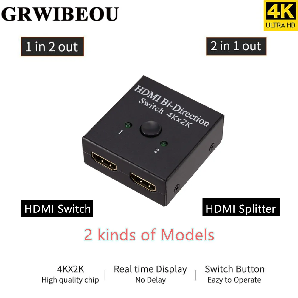 Grwibeou الجلاد 4K x 2K UHD 2 ميناء ثنائي الاتجاه دليل 2x1 1x2 HDMI AB التبديل HDCP مقسم الوصلات البينية متعددة الوسائط وعالية الوضوح (HDMI) يدعم 4K 1080P لرصد