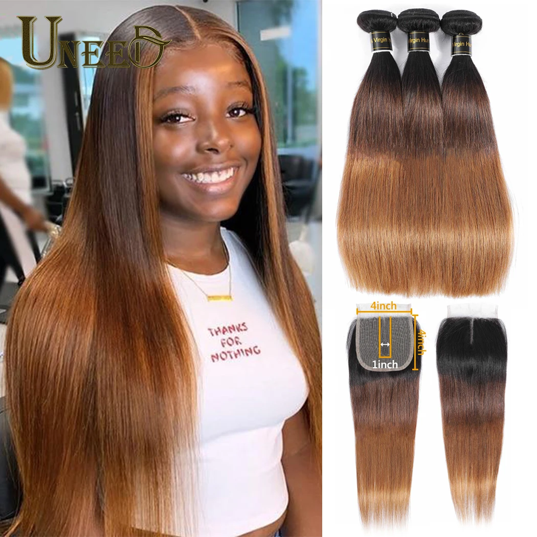 

Brazilian Hair Weave Bundles With Closure Ombre Straight Human Hair 3 Bundles With 4x4X1 Lace Closure 1B/4/30 Remy Human Hair