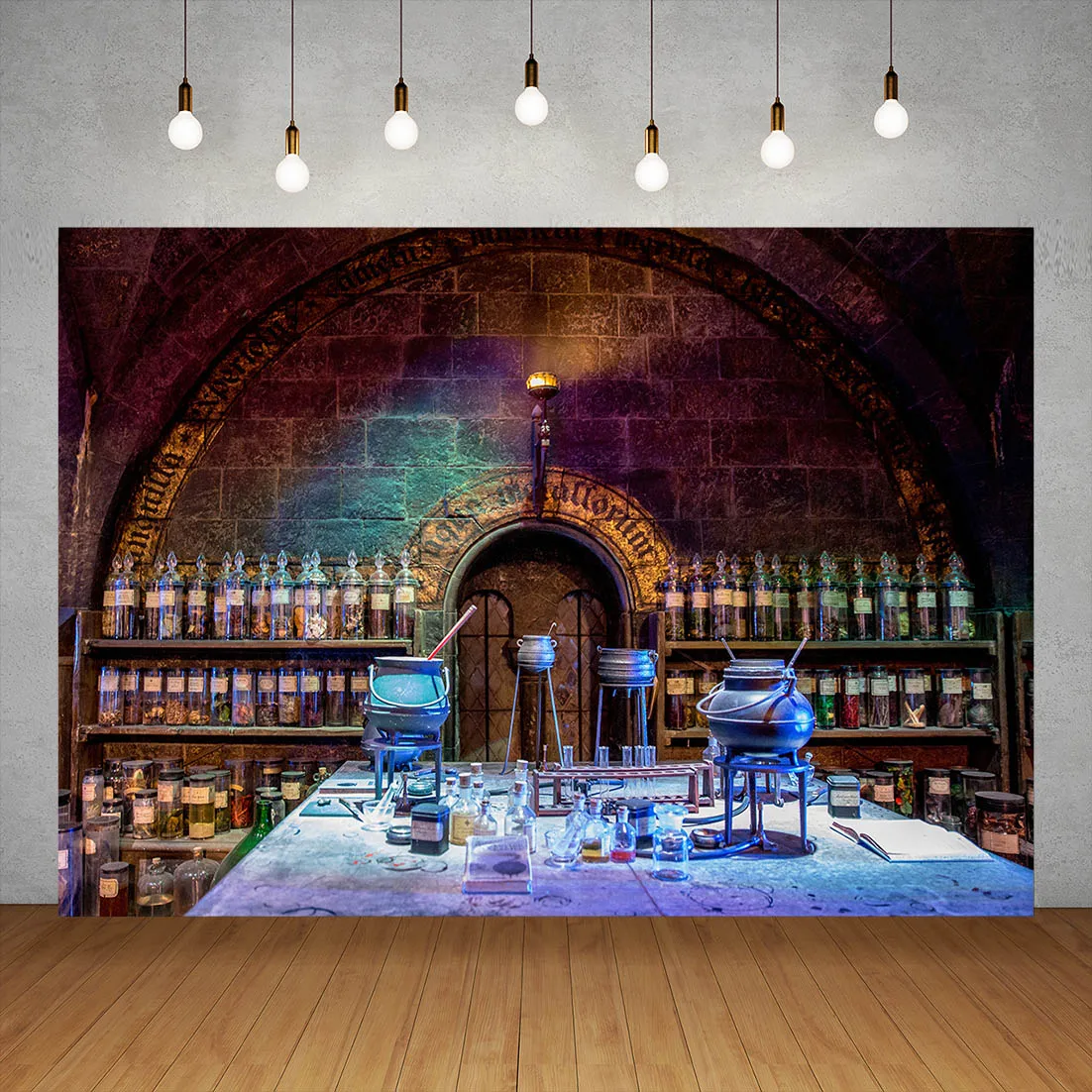 

Chemistry Laboratory Vinyl Backgrounds Halloween Party Decor Spooky Witch's Room Bottles Black Magic Lab Backdrops Photo Studio