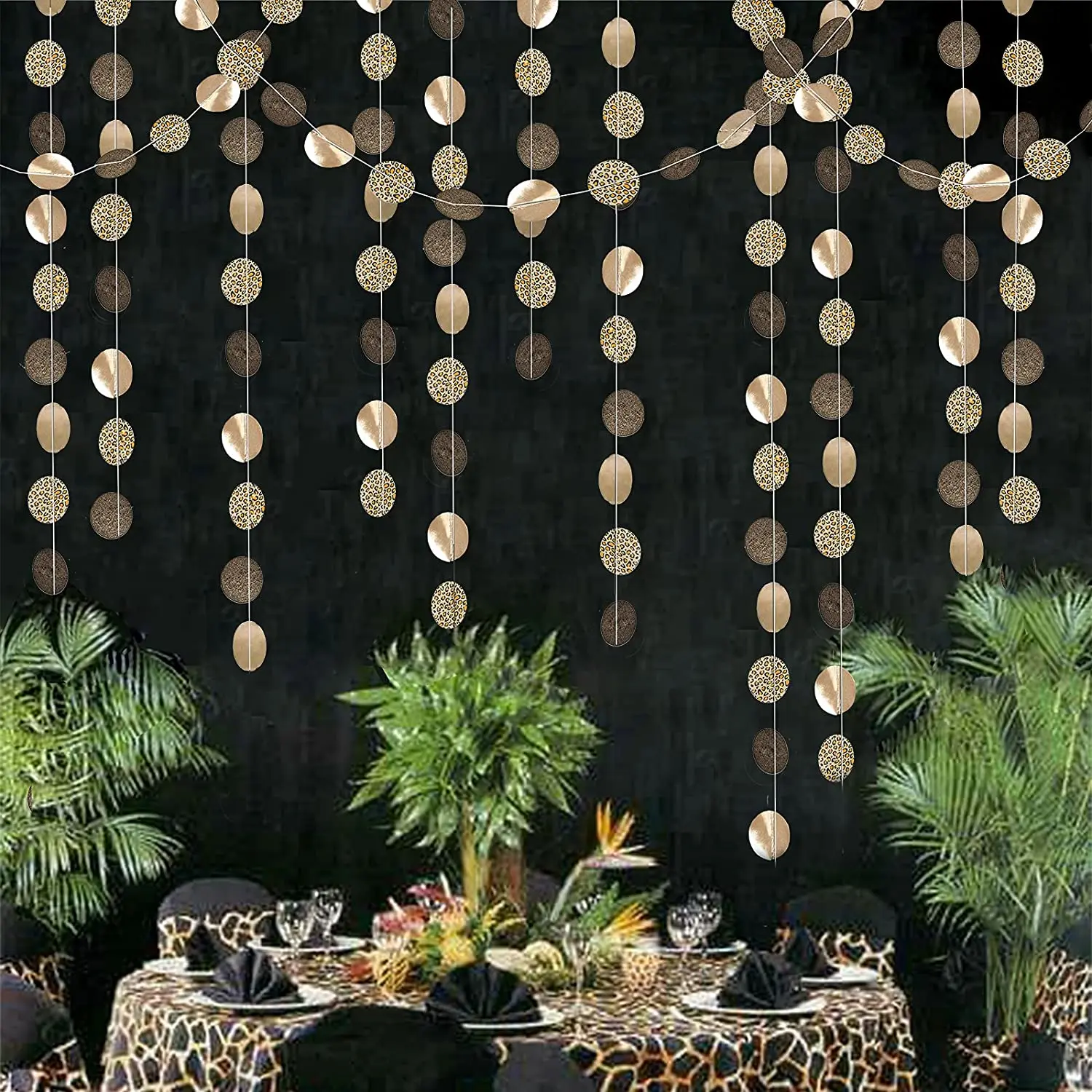 Leopard Shiny Champagne Pearl Coffee Paper Circle Garland Hanging Decorations For Jungle Banner Wildlife Safari Cat Themed Party