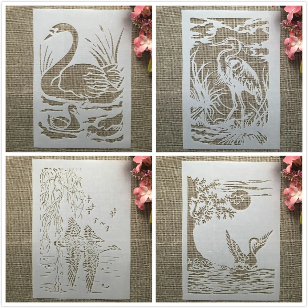 4Pcs A4 29cm Swan Wild Duck Lake DIY Layering Stencils Wall Painting Scrapbook Coloring Embossing Album Decorative Template