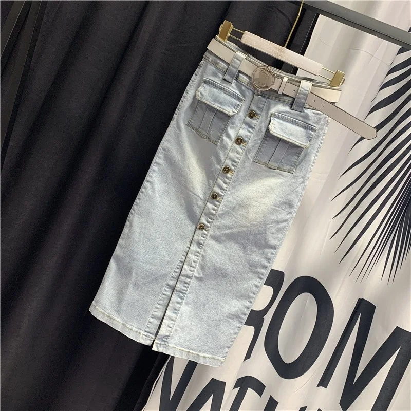 Waist High Single Breasted Pockets Womens Denim Skirts Euro Summer New Medium Length Fashion Casual Big Size Female Wrap Skirts