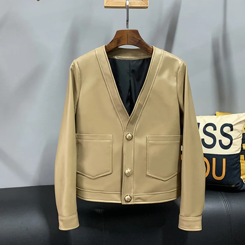 Chaqueta de piel auténtica Vintage para mujer, abrigo de pelo auténtico de oveja, Chaqueta corta ajustada elegante, abrigos de cuero para mujer, Top