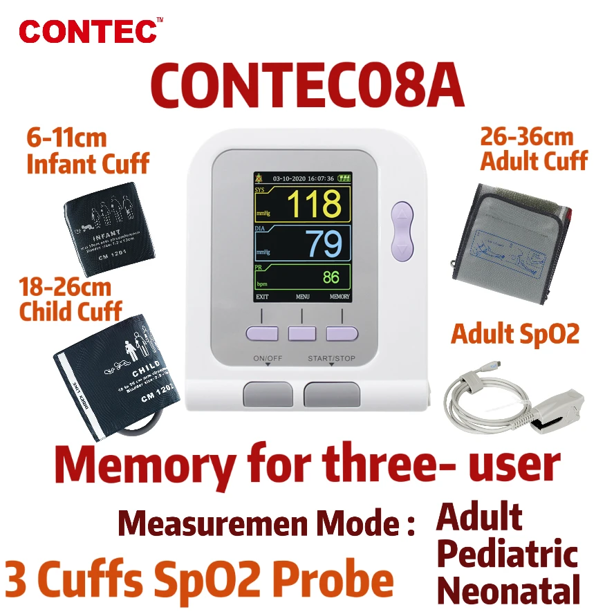 

CONTEC08A Digital Blood Pressure Monitor Electronic Sphygmomanmeter 3Cuff + Adult SpO2 Probe