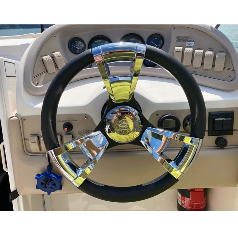 350mm Boat Steering Wheel Polished 3 Spoke boats with 3/4 Inch Shaft Boat Accessories Marine for Vessels Yacht