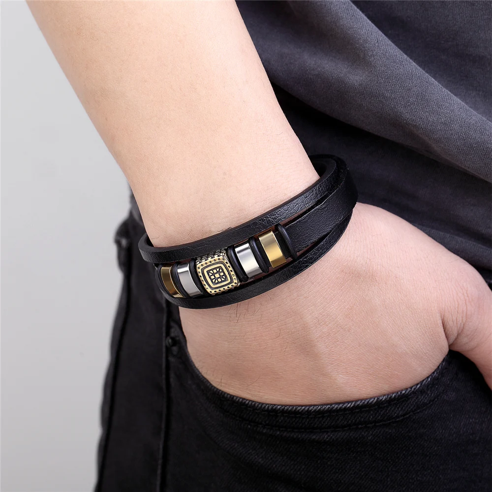New Fashion Stainless Steel Men Bracelet Magnetic Clasp Braided Mutilayer Leather Bracelet Punk Rock Bangles Man Jewelry Gift