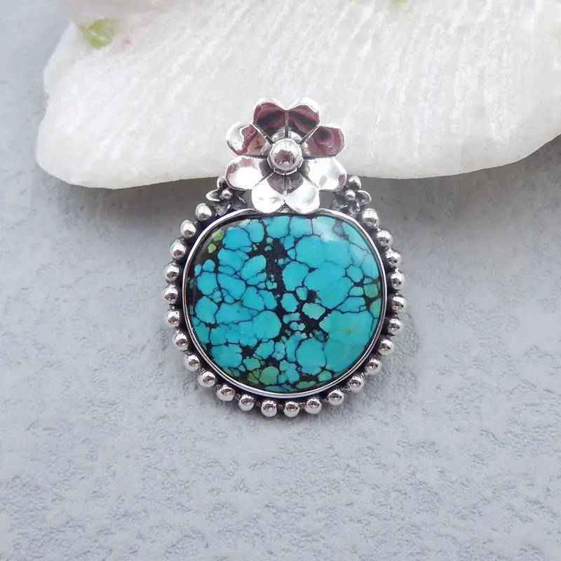 Natural Gemstone Turquoise Pendant, 925 Silver Inlaid Carved Flower Pendant For Necklace, 33x26x4mm, 7g