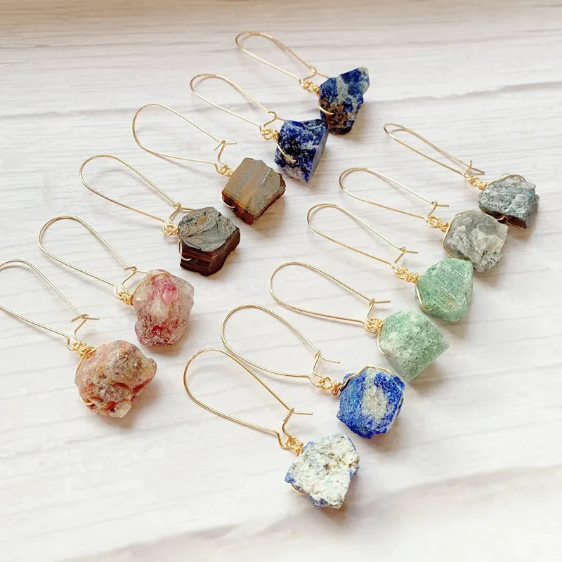 Raw Mineral Stone Rock Crystal Earrings Natural Amethysts Lapis Fluorite Citrines Amazonite Pink Quartz Dangle Earrings Healing