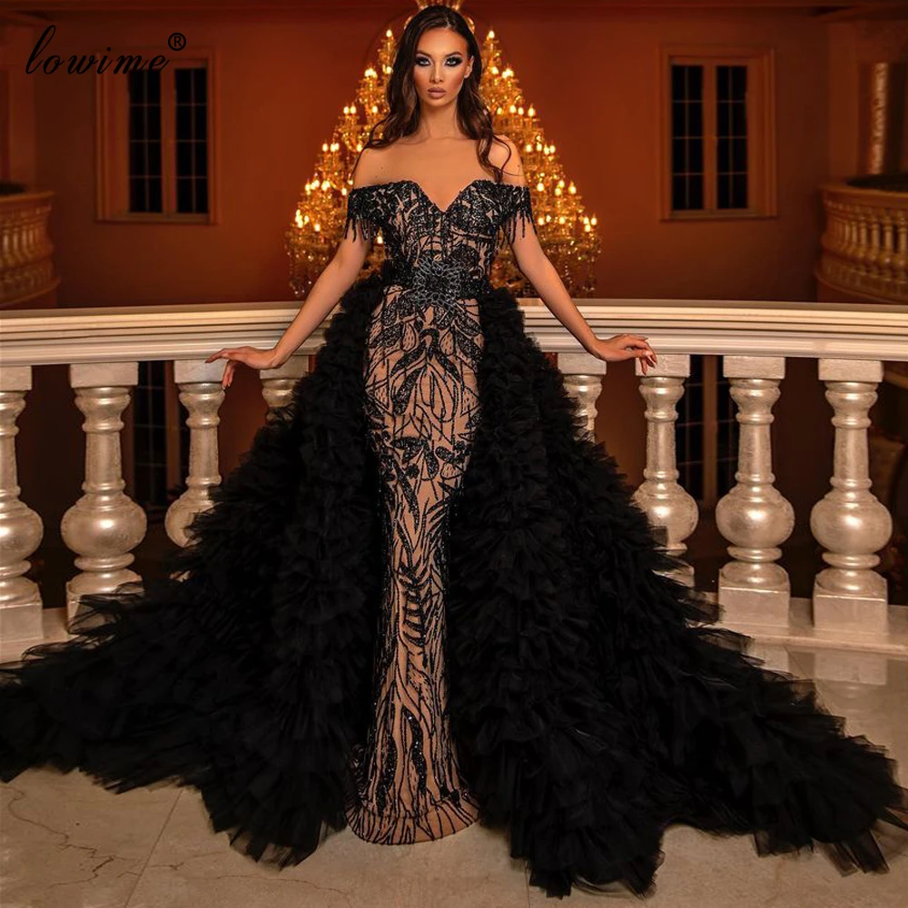 

Dubai Heavy Handmade Evening Dresses With Detachable Train Vintage Arabic Evening Gowns Off Shoulder Sexy Special Occasion Gowns