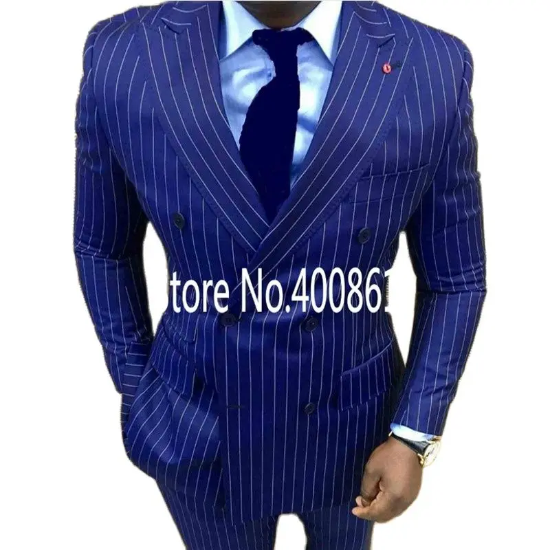 

Handsome Royal Blue Stripe Men's Toast Dress Business Suits Double Breasted Party Groom Tuxedos (Jacket+Pants+Tie) W:719