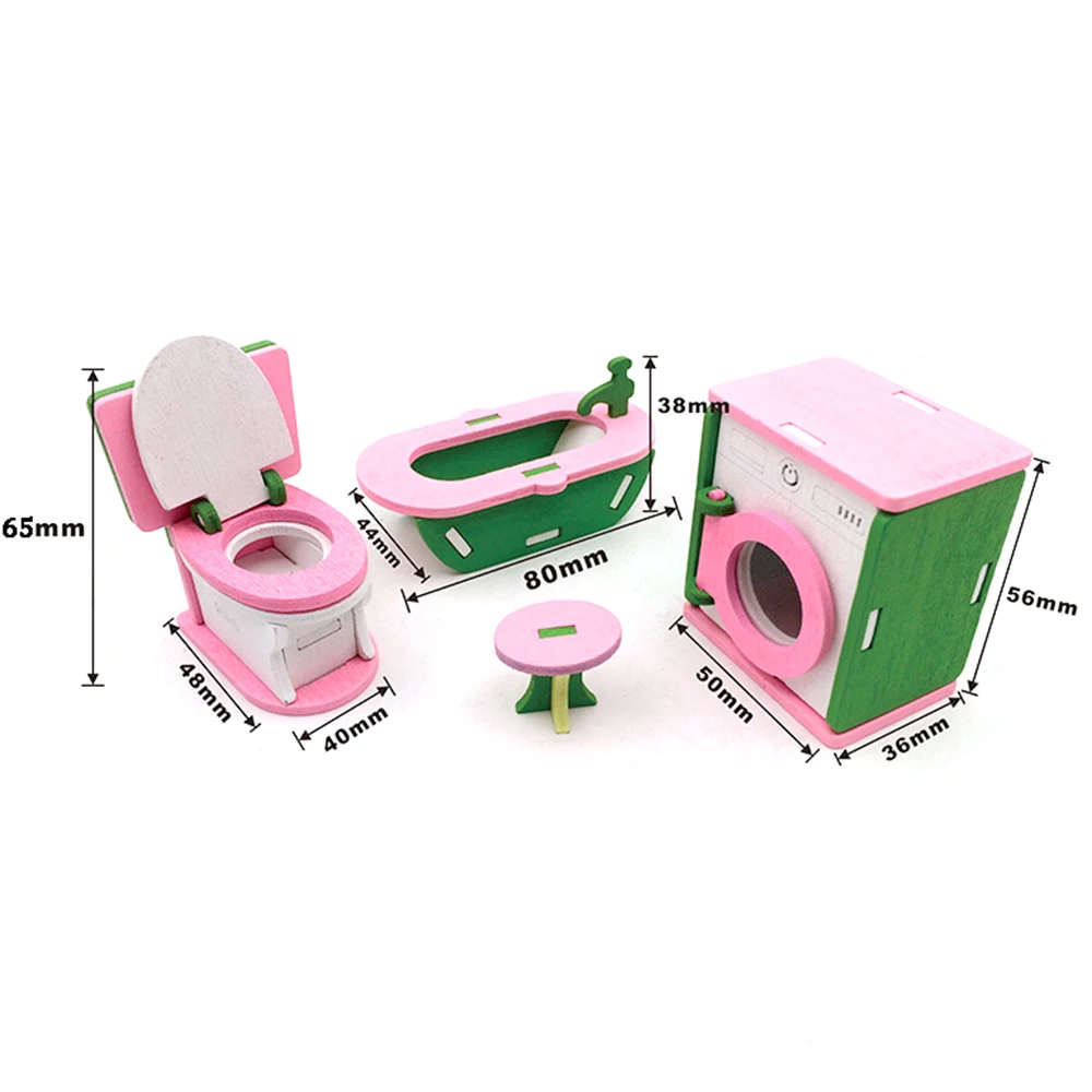 1/12 Dollhouse Miniature Accessories Wooden Toilet Chair Bathtub Washing Machine Set Bathroom Model for Doll House Decoration