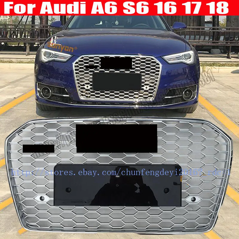 For AUDI A6 S6 2016 16 2017 17 2018 18 RS6 Style Silver Front Grill Honeycomb Grille car accessories