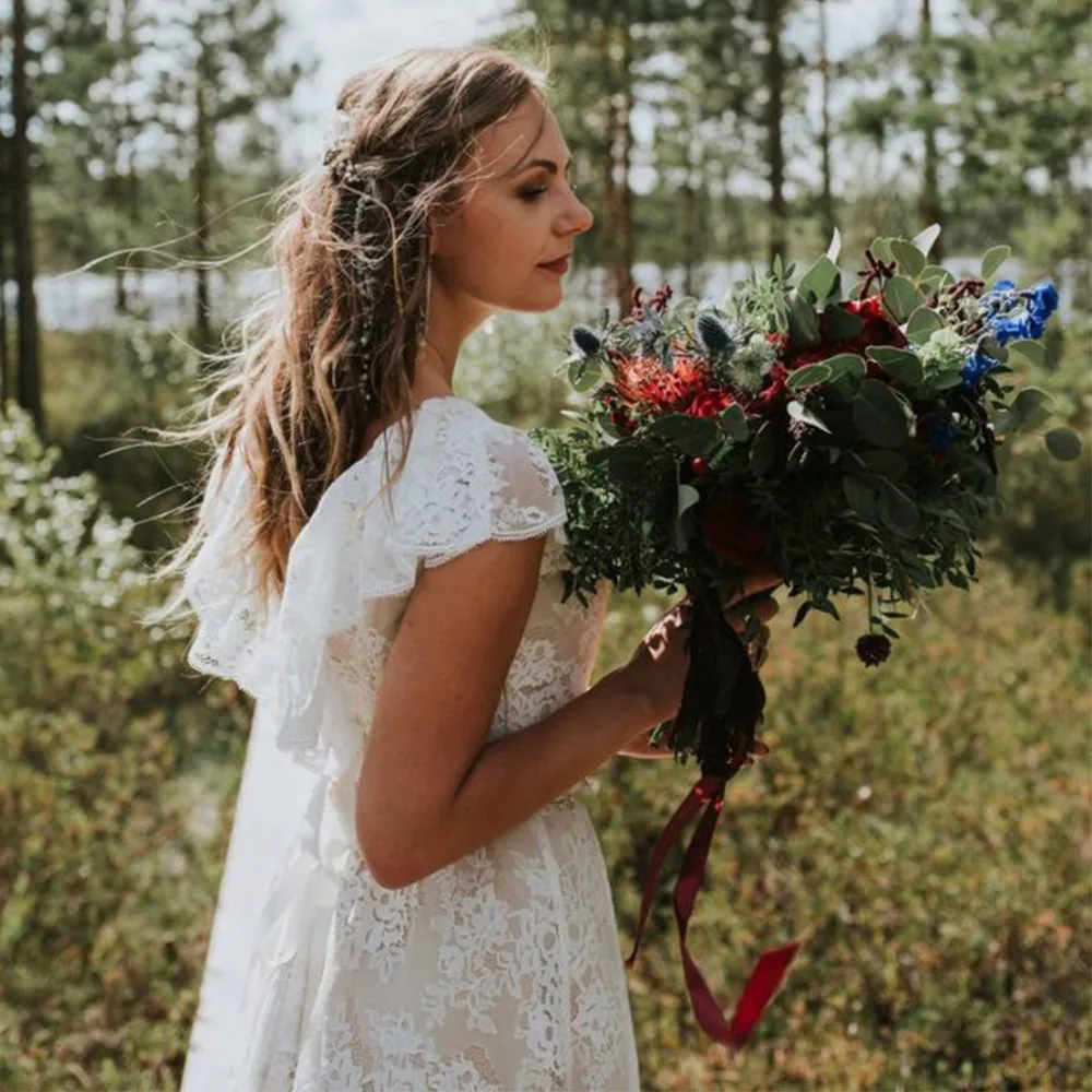 Robe de mariée blanche style Boho, manches courtes, dos nu, grande taille, sur mesure