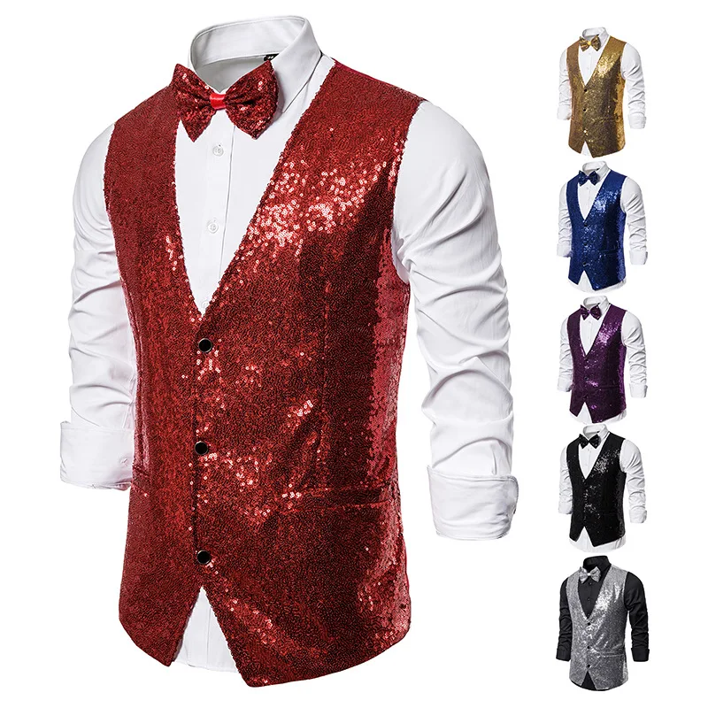 Hot Men Shiny Gold Sequin Glitter Embellished Blazer Waistcoat Night Club Blazer Wedding Party Waistcoat Stage Singers Clothing