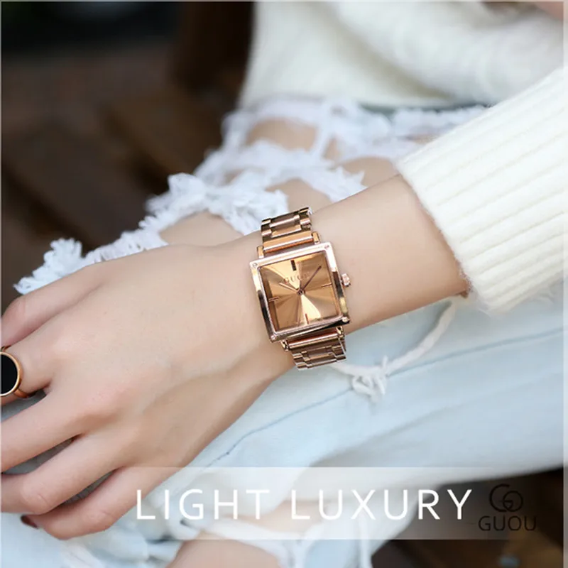 Fashion Guou Top Brand Women Square Wristwatch Ladies Luxury Stainless Steel Quartz Watch Woman Waterproof Clock Relojes Mujer