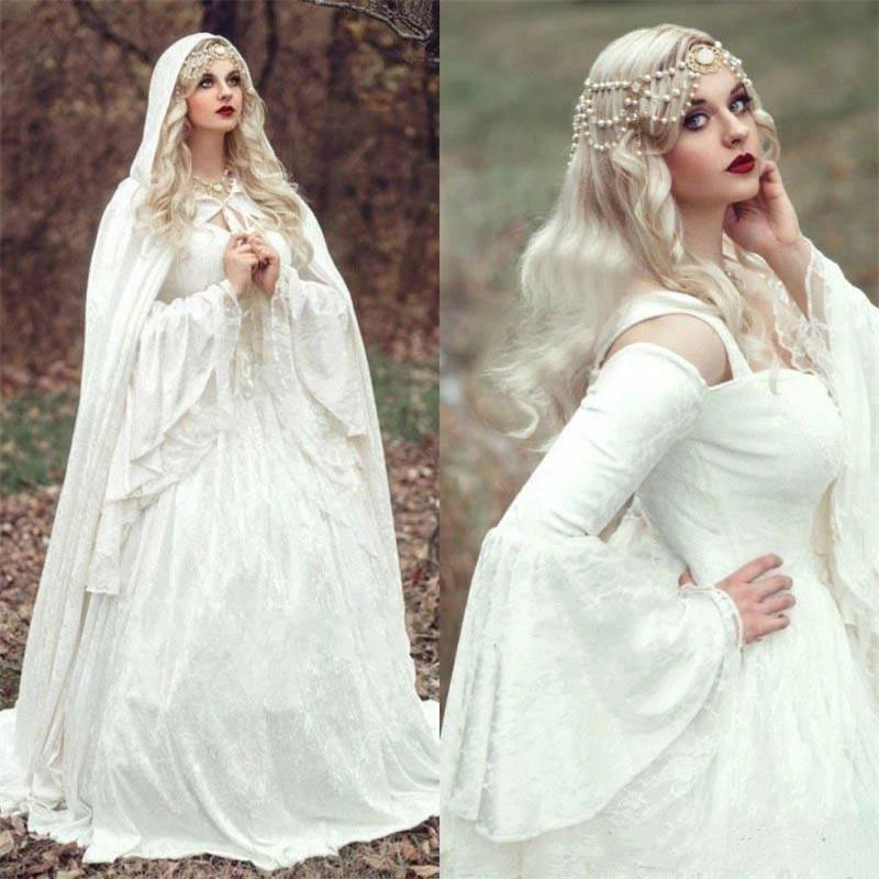 Renaissance Gothic Lace Wedding Dress With Cloak Plus Size Vintage Bell Long Sleeve Celtic Medieval Princess A-Line Bride Gowns