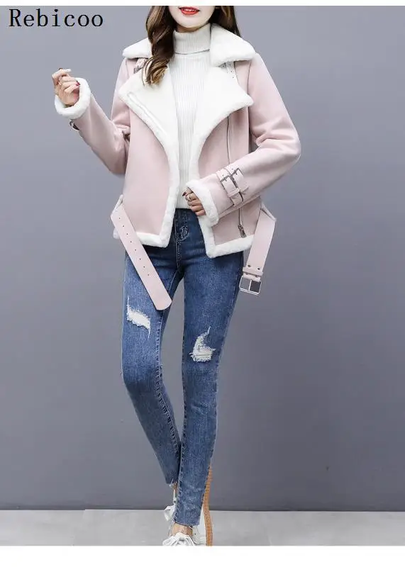 Winter Warm Thick Suede Jacket Women Motorcycle Zipper Suede Leather Coat Female Shearling Overcoat