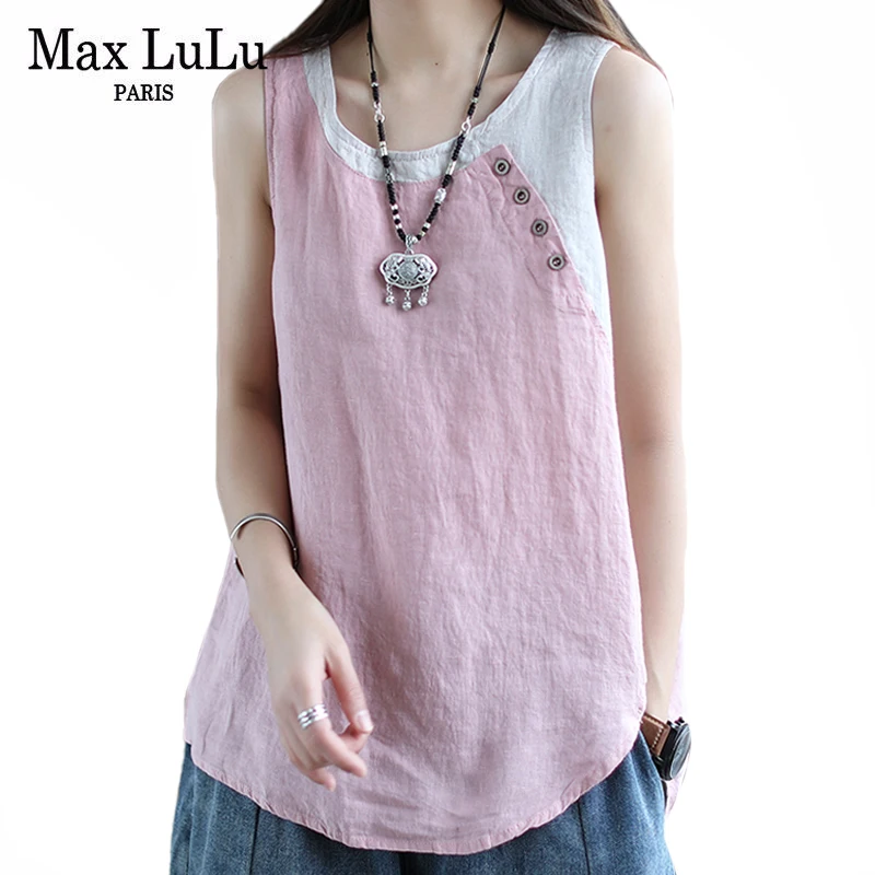 Max LuLu 2021 Summer Design Style Clothes Women Pink Casual Tank Ladies Cotton Linen T-shirts Girl Buttons Vintage Tops Big Size