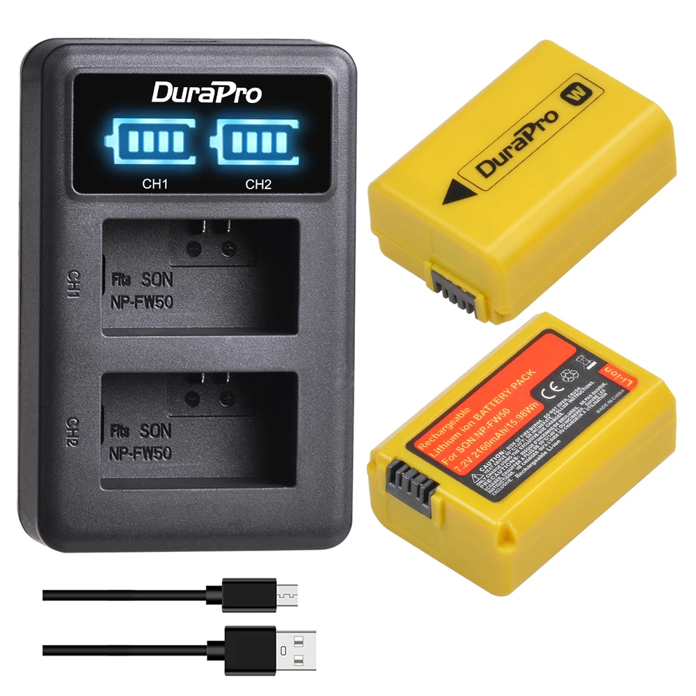 DuraPro 2160mAh NP-FW50 NP FW50 Battery + LED USB Dual Charger For Sony A6000 A5000 NEX-3 NEX-7 NEX-5N NEX-F3 Alpha 7R II Camera