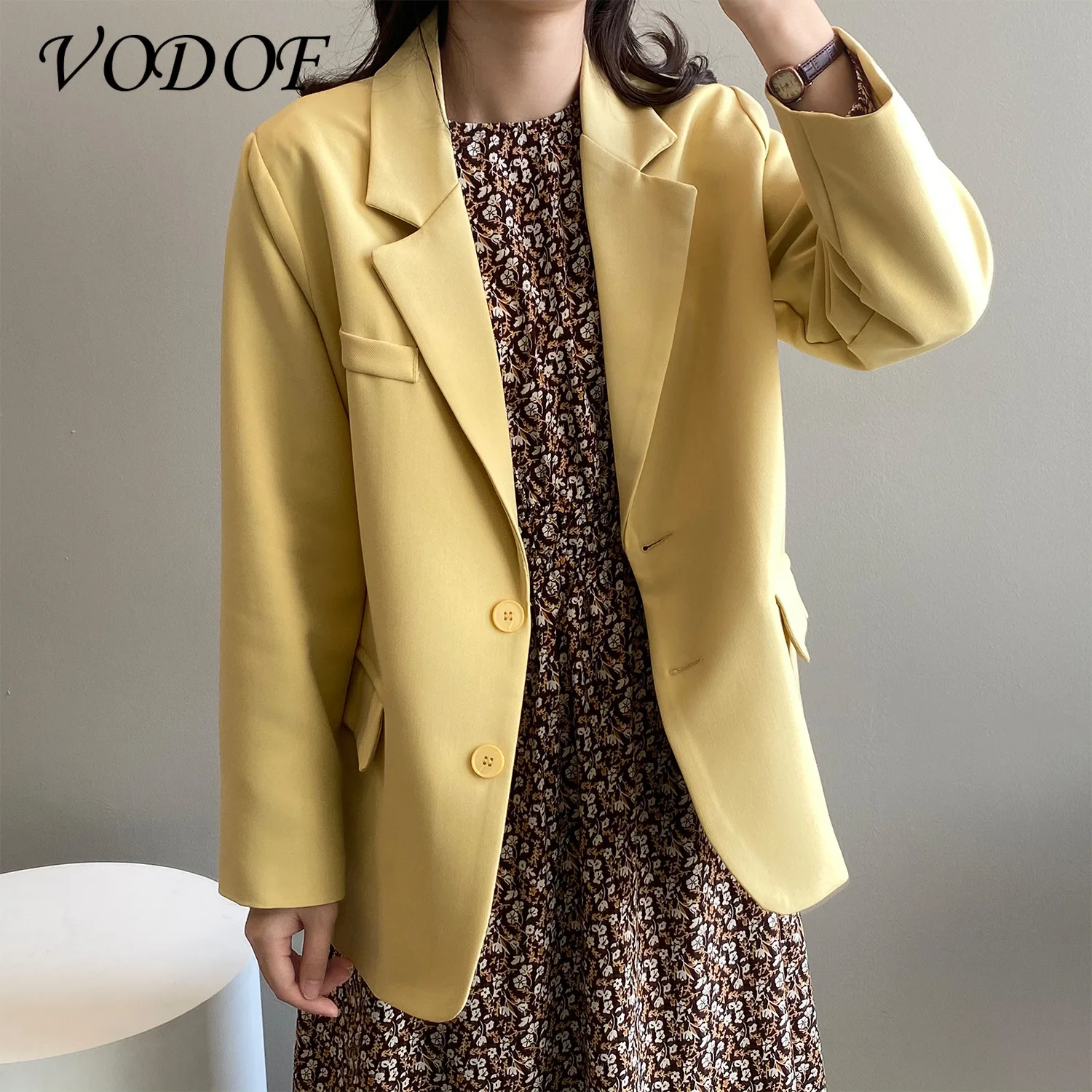 VODOF Ladies Fashion Double-breasted Loose Fitted Blazer Coat Retro Long Sleeve Pocket Female Jacket Chic Top