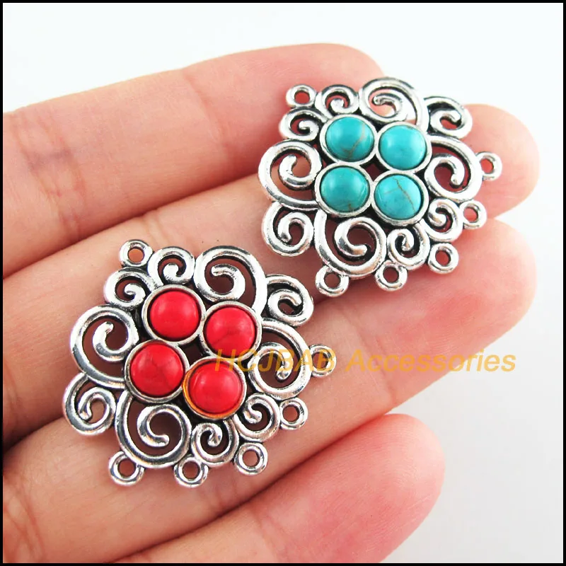 

4Pcs Retro Tibetan Silver Tone Flower Clouds Blue&Red Stone Charms Connectors 28x30mm