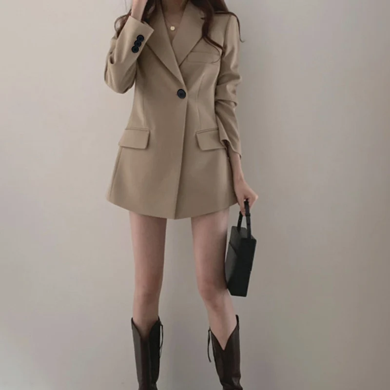 Women Long Blazer Cool Work Jacket Casual Slim Fit Khaki Black Beige Pink Autumn 2023 Office Ladies Tunic Outwear with Pockets