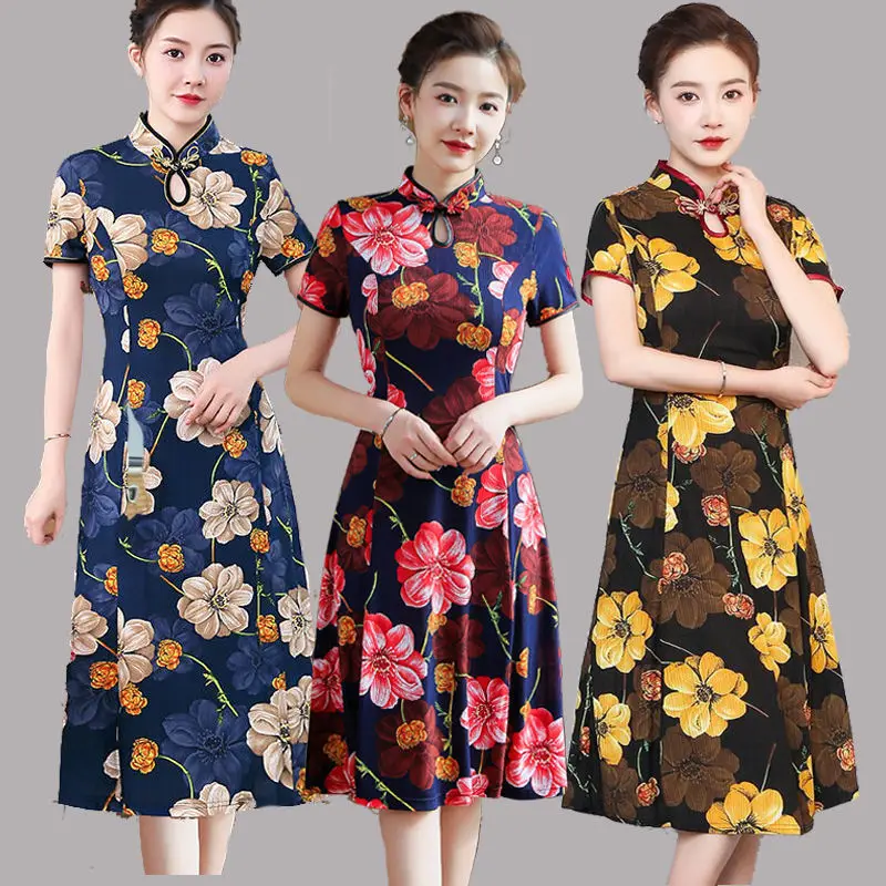 

2021 summer new women's dress long large women's dress literary retro ice silk cheongsam suit