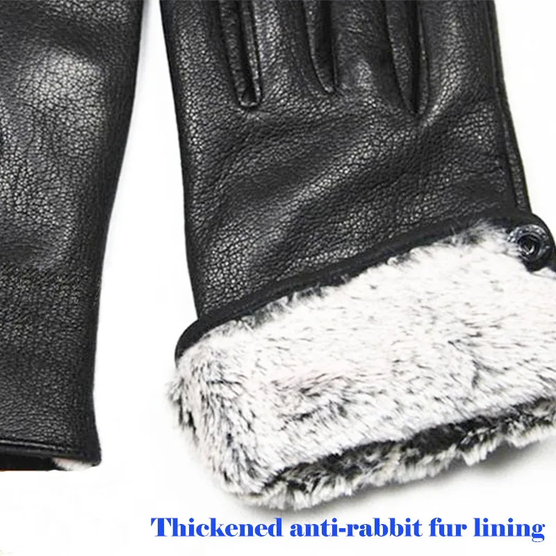 Deerskin Gloves Men\'s Leather Straight Style Thick Imitation Rabbit Hair Lining Autumn and Winter Cold Warm Outdoor Riding