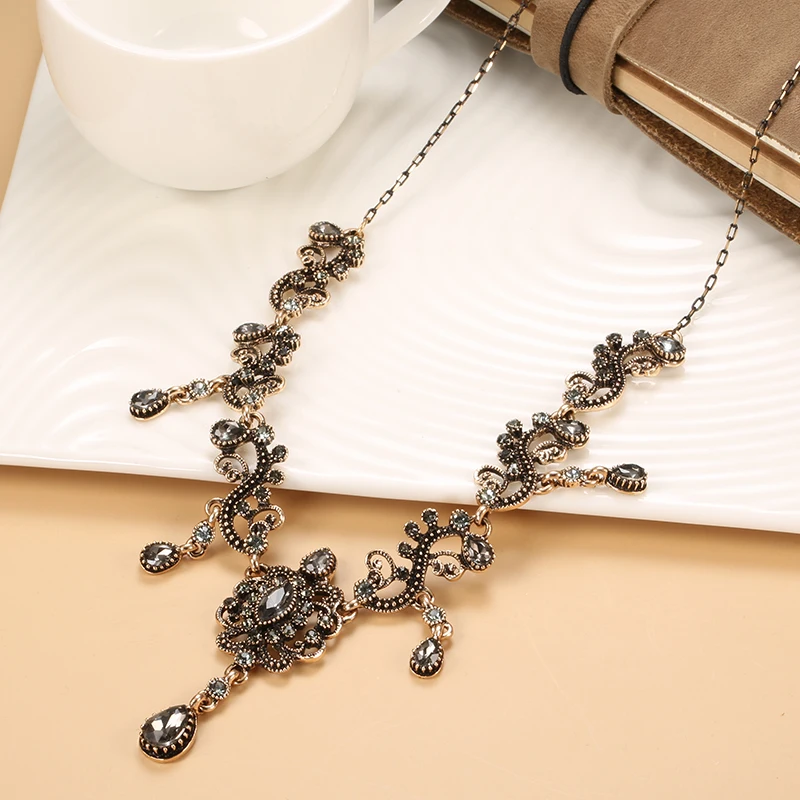 Kinel Luxury Grey Crystal Flower Necklace For Woman Boho Ethnic Wedding Jewelry Antique Gold Color Vintage Necklace Wholesale