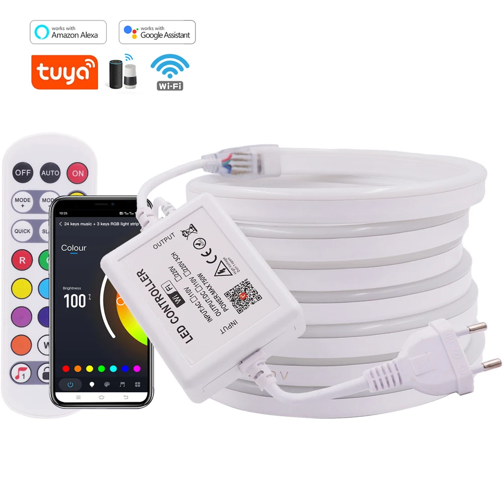 

Tuya WIFI Smart RGB LED Neon Light 220V 110V Remote Control 5050 60LED Flexible Strip Waterproof Tape Indoor Outdoor Decoration