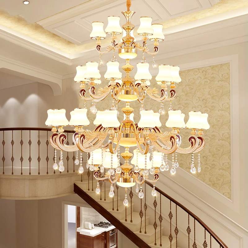 European Double Villa Hall Retro Large Chandeliers Staircase Long Crystal Light Hotel Lobby Luxury Jade Pendant Lamp Illuminate