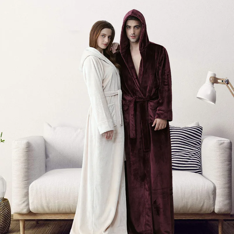 Women Winter Hooded Extra Long Thick Flannel Bath Robe Luxury Peignoir Warm Dressing Gown Men Bathrobe Bridesmaid Wedding Robes