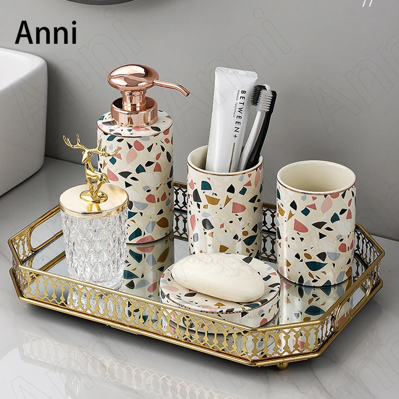 Creativity Painted Terrazzo Bathroom Decoration Accessories European Modern Household Ceramic Five Piece Set Shower Supplies